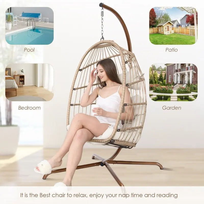 Fauteuil suspendu œuf avec support, 1 personne, gris foncé / gris clair / beige / marron / bleu bébé