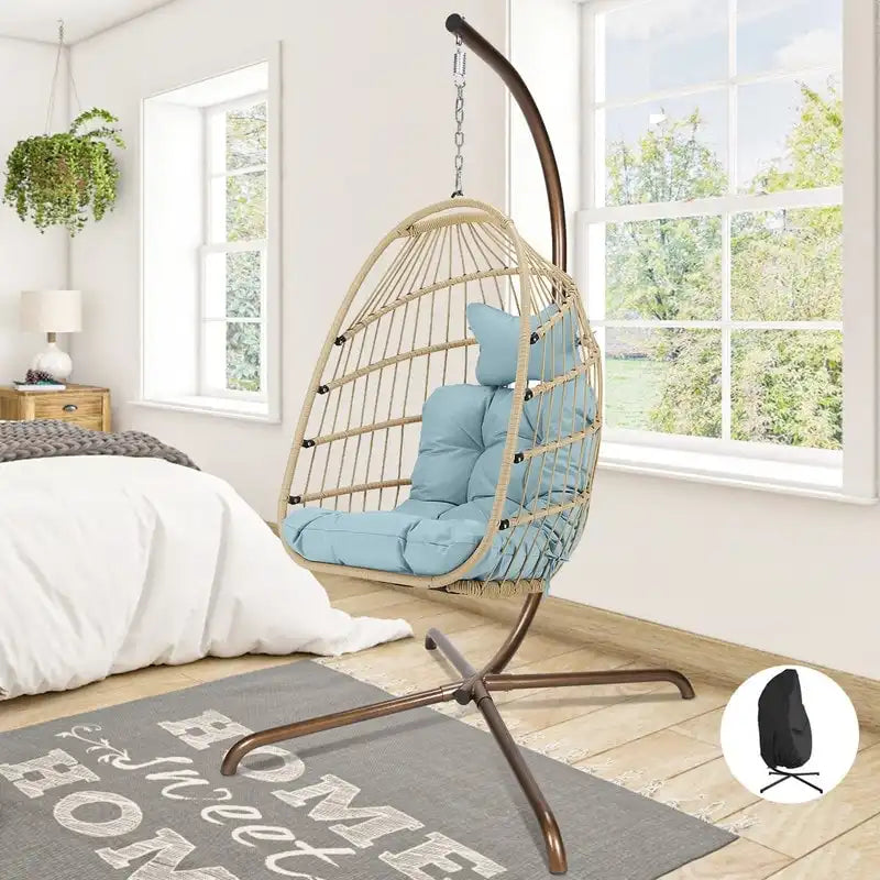 Fauteuil suspendu œuf avec support, 1 personne, gris foncé / gris clair / beige / marron / bleu bébé