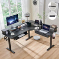 Bureau électrique d'angle réglable en hauteur, LED RGB, Noir fibre de carbone / Chêne rustique foncé / Blanc antique, 1 personne