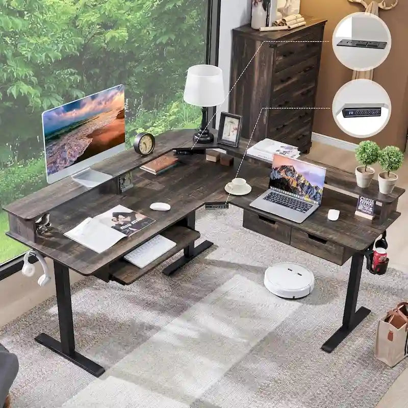 Bureau électrique d'angle réglable en hauteur, LED RGB, Noir fibre de carbone / Chêne rustique foncé / Blanc antique, 1 personne