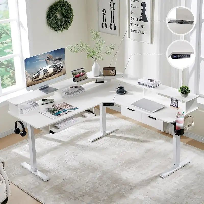 Bureau électrique d'angle réglable en hauteur, LED RGB, Noir fibre de carbone / Chêne rustique foncé / Blanc antique, 1 personne