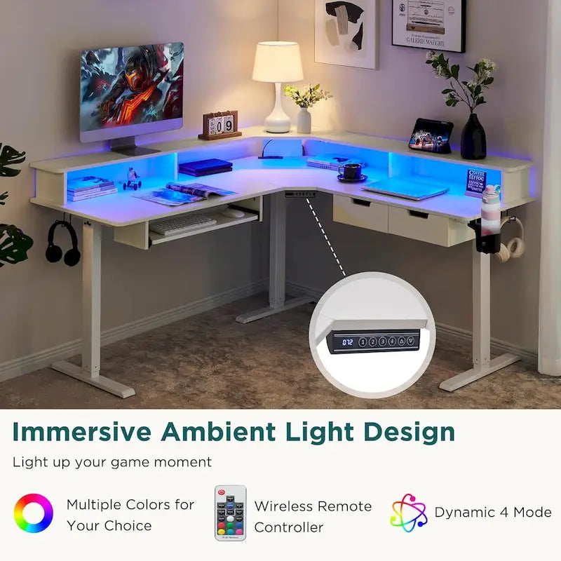 Bureau électrique d'angle réglable en hauteur, LED RGB, Noir fibre de carbone / Chêne rustique foncé / Blanc antique, 1 personne