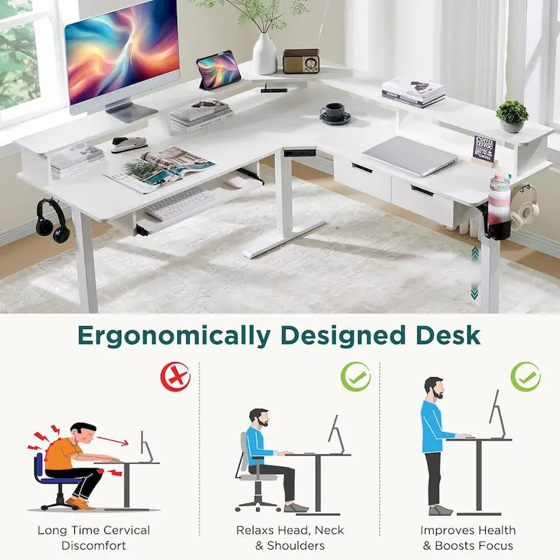Bureau électrique d'angle réglable en hauteur, LED RGB, Noir fibre de carbone / Chêne rustique foncé / Blanc antique, 1 personne