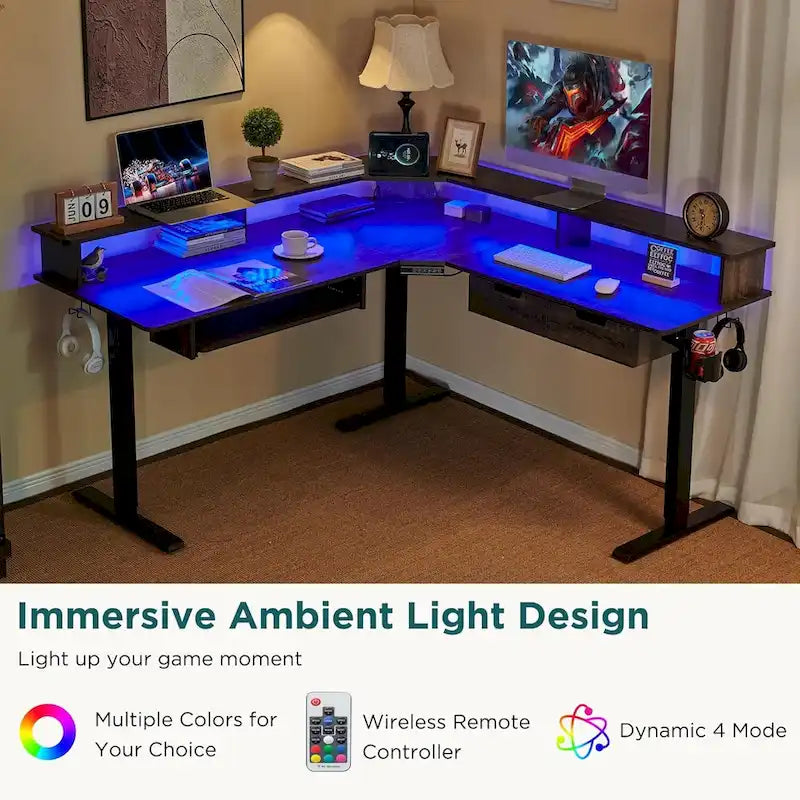 Bureau électrique d'angle réglable en hauteur, LED RGB, Noir fibre de carbone / Chêne rustique foncé / Blanc antique, 1 personne