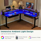 Bureau électrique d'angle réglable en hauteur, LED RGB, Noir fibre de carbone / Chêne rustique foncé / Blanc antique, 1 personne