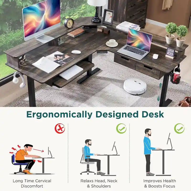 Bureau électrique d'angle réglable en hauteur, LED RGB, Noir fibre de carbone / Chêne rustique foncé / Blanc antique, 1 personne