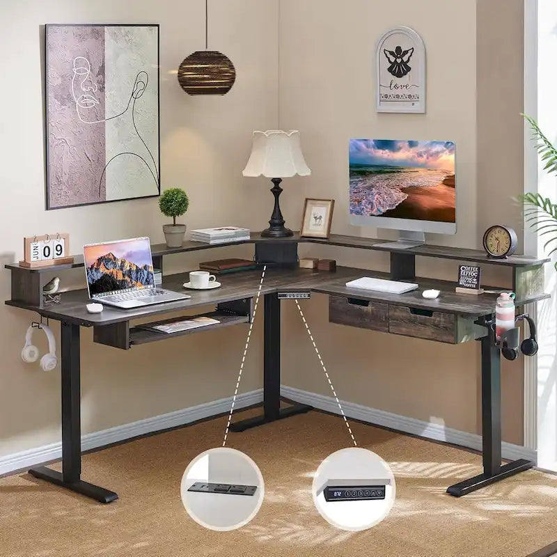 Bureau électrique d'angle réglable en hauteur, LED RGB, Noir fibre de carbone / Chêne rustique foncé / Blanc antique, 1 personne