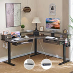 Bureau électrique d'angle réglable en hauteur, LED RGB, Noir fibre de carbone / Chêne rustique foncé / Blanc antique, 1 personne