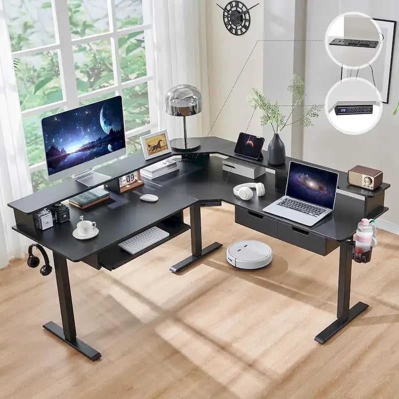 Bureau électrique d'angle réglable en hauteur, LED RGB, Noir fibre de carbone / Chêne rustique foncé / Blanc antique, 1 personne