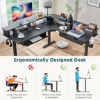 Bureau électrique d'angle réglable en hauteur, LED RGB, Noir fibre de carbone / Chêne rustique foncé / Blanc antique, 1 personne