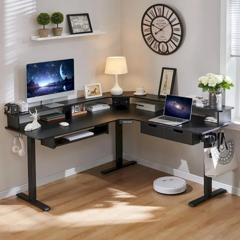 Bureau électrique d'angle réglable en hauteur, LED RGB, Noir fibre de carbone / Chêne rustique foncé / Blanc antique, 1 personne