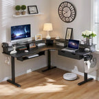 Bureau électrique d'angle réglable en hauteur, LED RGB, Noir fibre de carbone / Chêne rustique foncé / Blanc antique, 1 personne