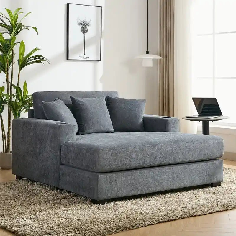 Chaise longue en chenille bleu-gris / crème (1 personne) — Dimensions 39,7 / 43,5 / 55