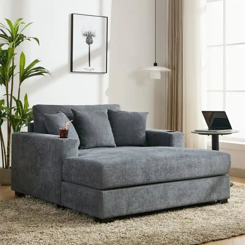 Chaise longue en chenille bleu-gris / crème (1 personne) — Dimensions 39,7 / 43,5 / 55