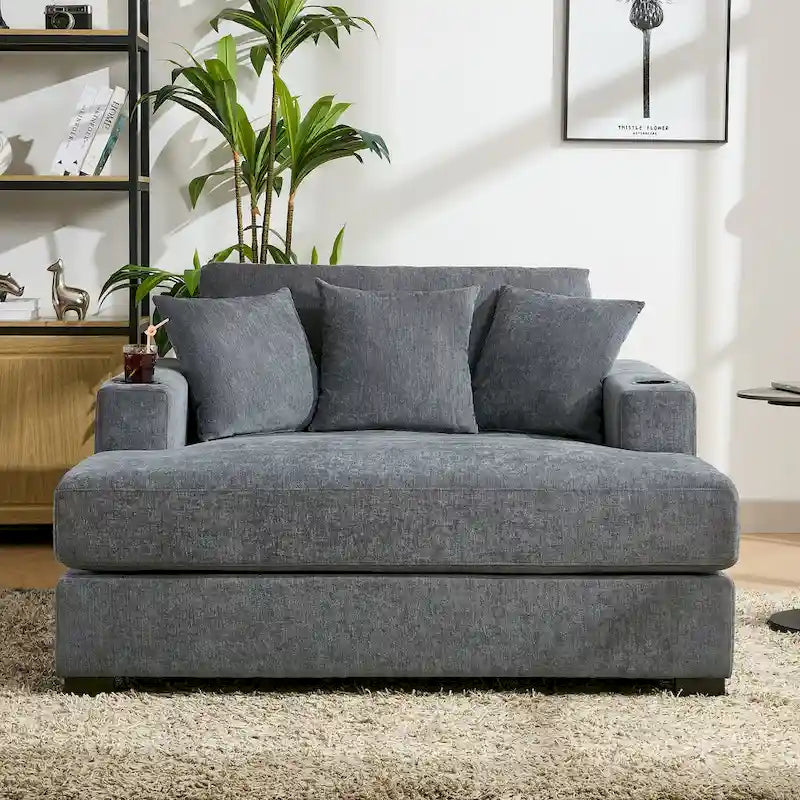 Chaise longue en chenille bleu-gris / crème (1 personne) — Dimensions 39,7 / 43,5 / 55