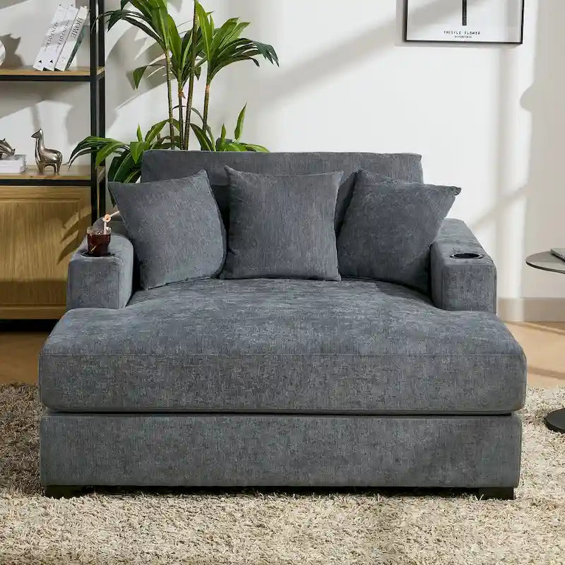 Chaise longue en chenille bleu-gris / crème (1 personne) — Dimensions 39,7 / 43,5 / 55