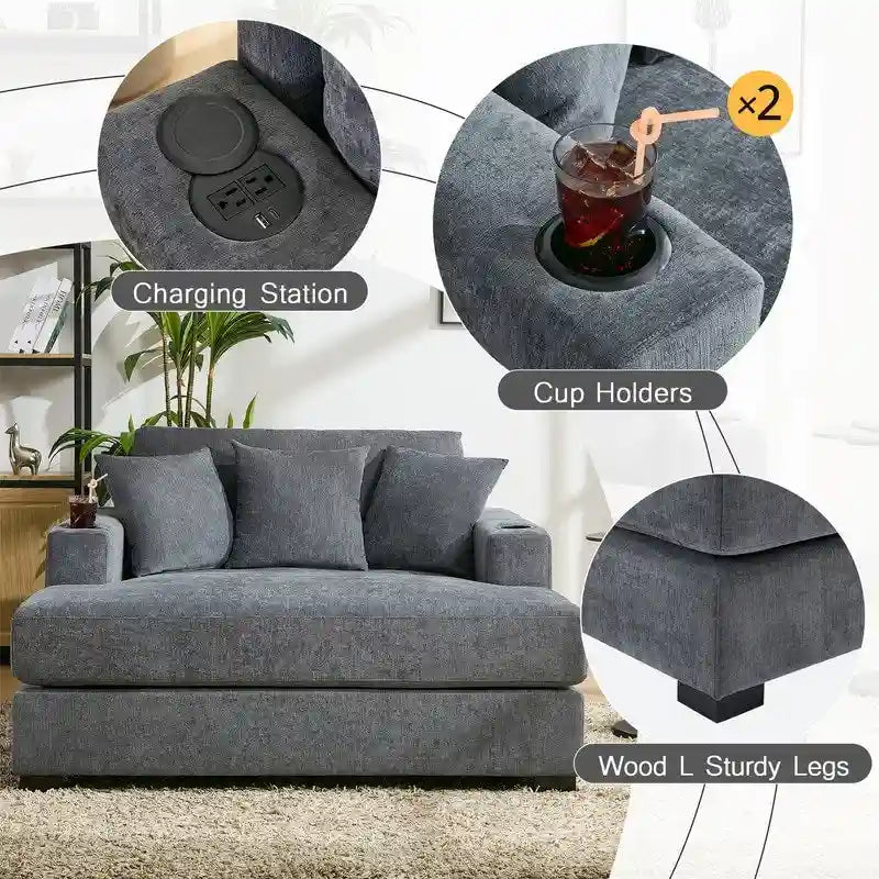 Chaise longue en chenille bleu-gris / crème (1 personne) — Dimensions 39,7 / 43,5 / 55