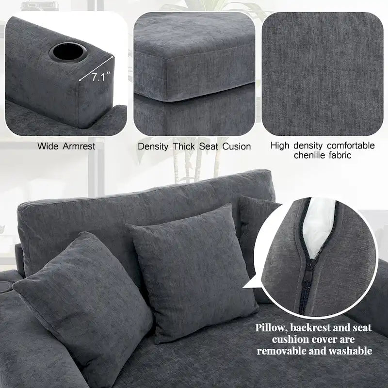 Chaise longue en chenille bleu-gris / crème (1 personne) — Dimensions 39,7 / 43,5 / 55