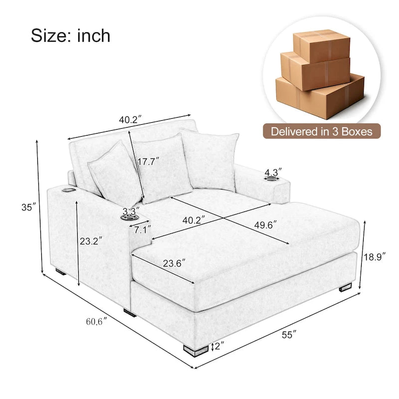 Chaise longue en chenille bleu-gris / crème (1 personne) — Dimensions 39,7 / 43,5 / 55