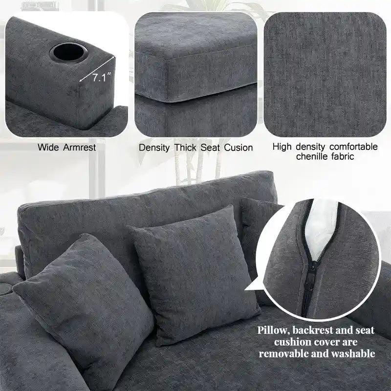 Chaise longue en chenille bleu-gris / crème (1 personne) — Dimensions 39,7 / 43,5 / 55