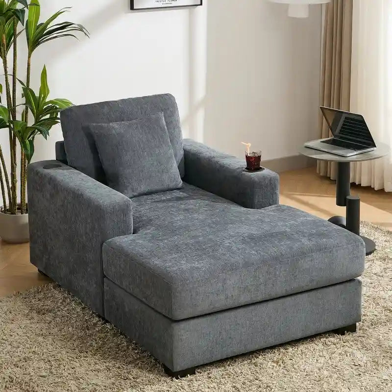Chaise longue en chenille bleu-gris / crème (1 personne) — Dimensions 39,7 / 43,5 / 55
