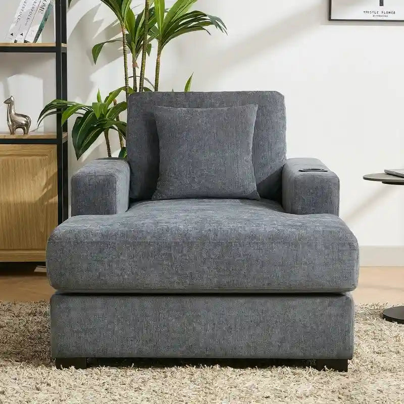 Chaise longue en chenille bleu-gris / crème (1 personne) — Dimensions 39,7 / 43,5 / 55