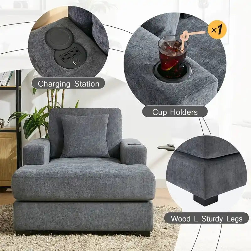 Chaise longue en chenille bleu-gris / crème (1 personne) — Dimensions 39,7 / 43,5 / 55
