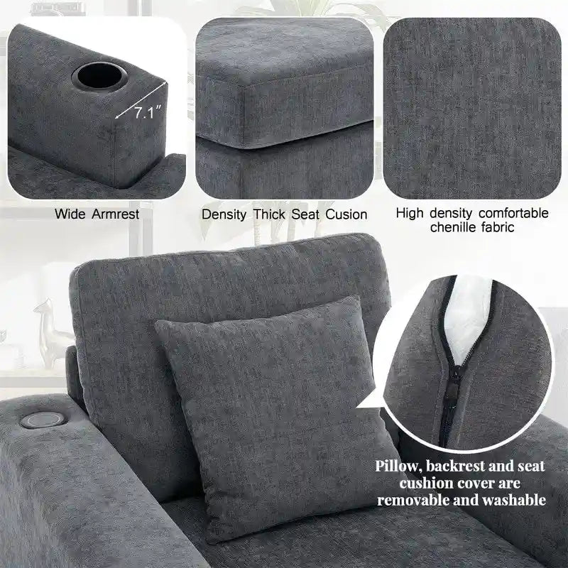 Chaise longue en chenille bleu-gris / crème (1 personne) — Dimensions 39,7 / 43,5 / 55