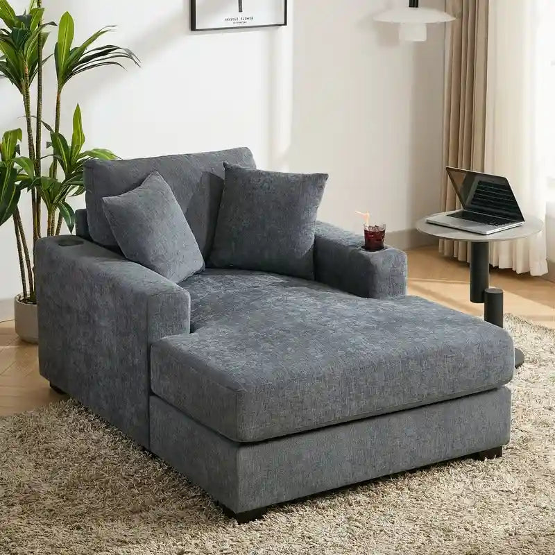Chaise longue en chenille bleu-gris / crème (1 personne) — Dimensions 39,7 / 43,5 / 55