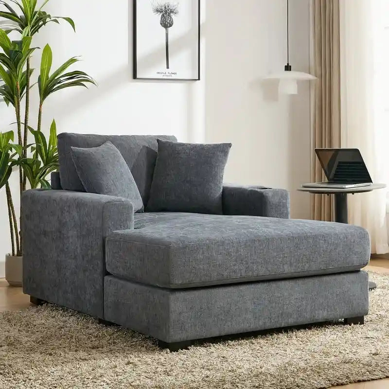 Chaise longue en chenille bleu-gris / crème (1 personne) — Dimensions 39,7 / 43,5 / 55