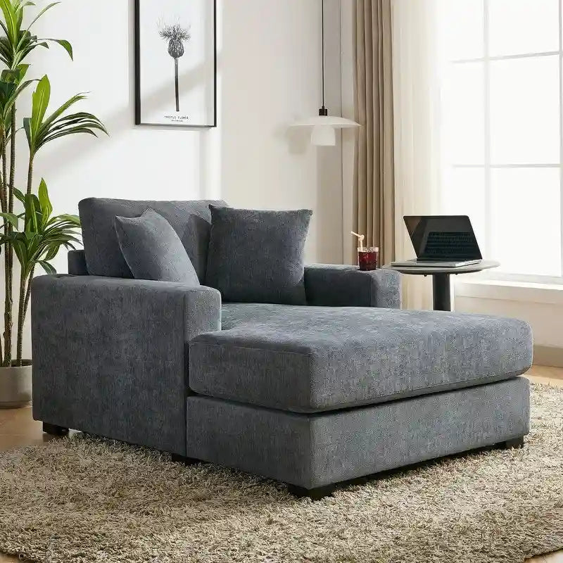 Chaise longue en chenille bleu-gris / crème (1 personne) — Dimensions 39,7 / 43,5 / 55
