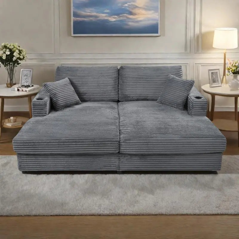 Méridienne en velours côtelé gris foncé / bleu / beige / noir, 2 places, avec ports USB et porte-gobelets