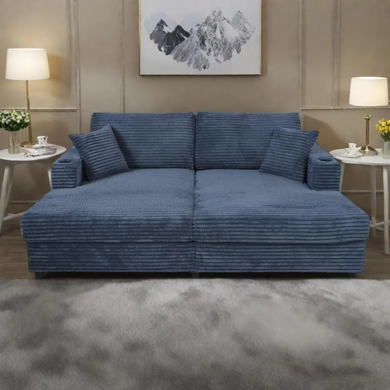 Méridienne en velours côtelé gris foncé / bleu / beige / noir, 2 places, avec ports USB et porte-gobelets