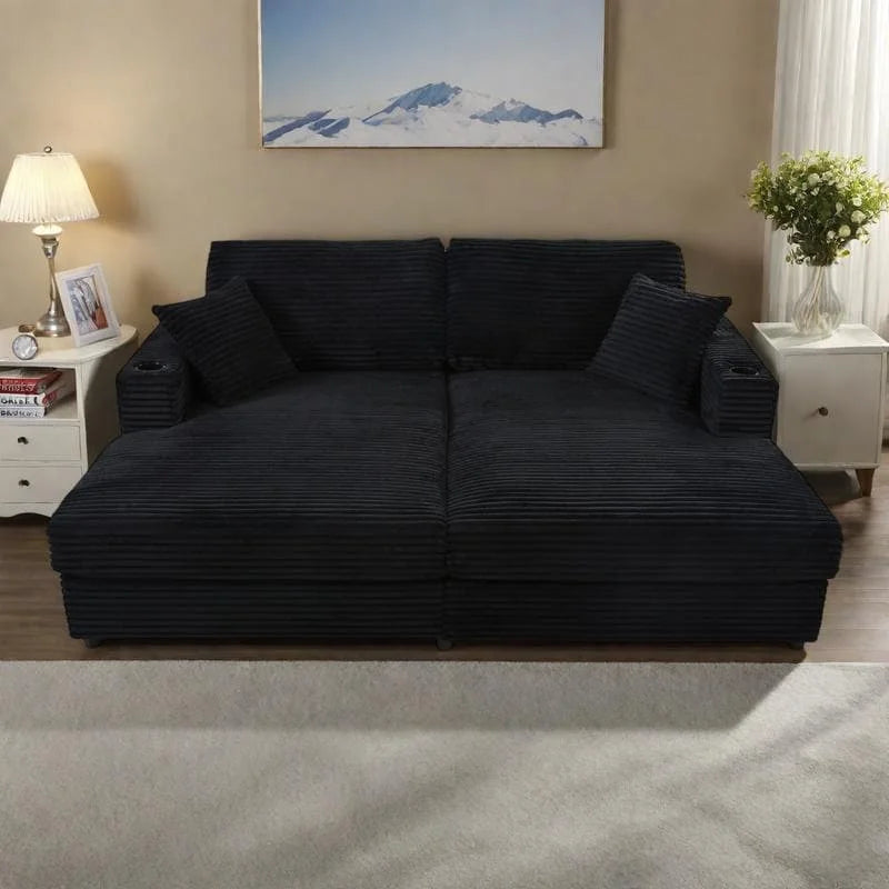 Méridienne en velours côtelé gris foncé / bleu / beige / noir, 2 places, avec ports USB et porte-gobelets