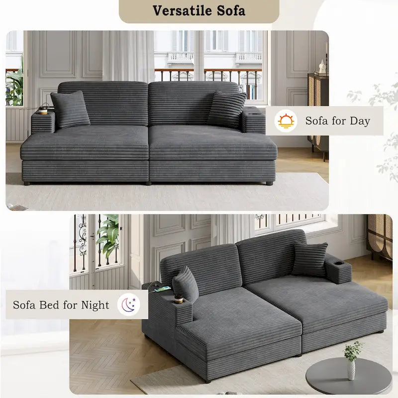 Méridienne en velours côtelé gris foncé / bleu / beige / noir, 2 places, avec ports USB et porte-gobelets