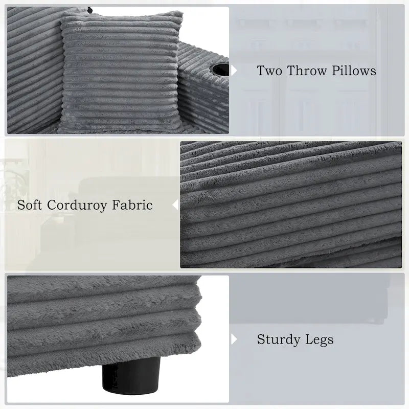 Méridienne en velours côtelé gris foncé / bleu / beige / noir, 2 places, avec ports USB et porte-gobelets