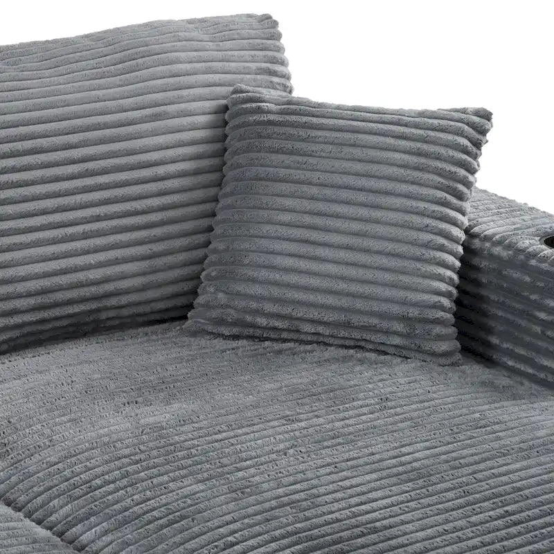 Méridienne en velours côtelé gris foncé / bleu / beige / noir, 2 places, avec ports USB et porte-gobelets