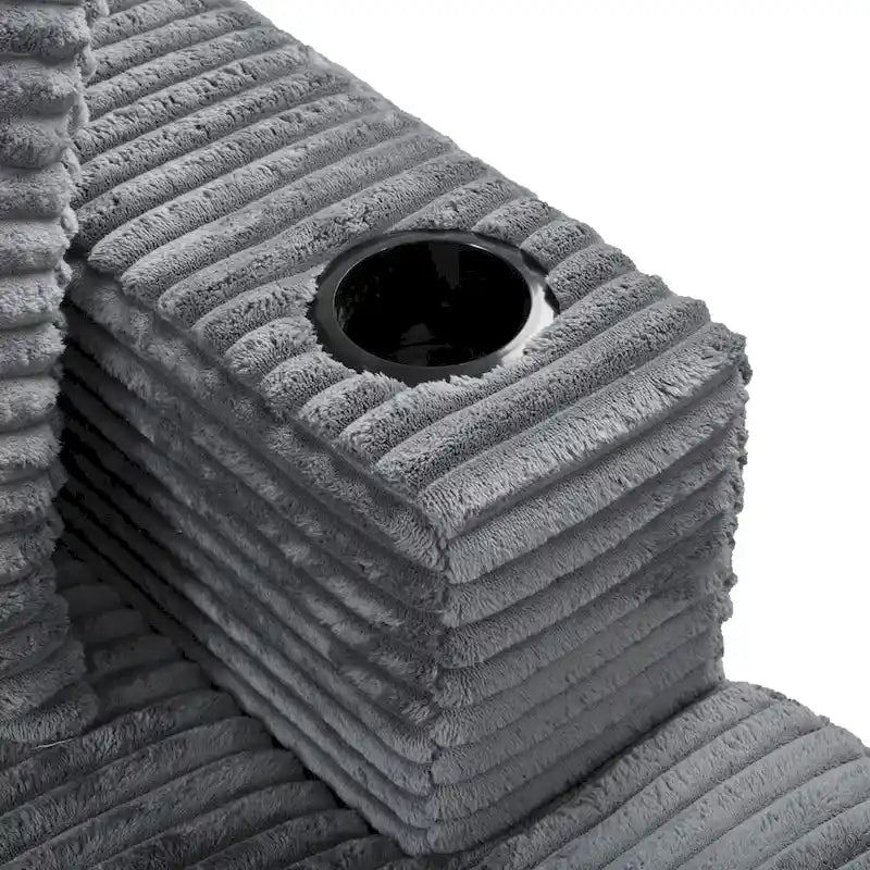 Méridienne en velours côtelé gris foncé / bleu / beige / noir, 2 places, avec ports USB et porte-gobelets