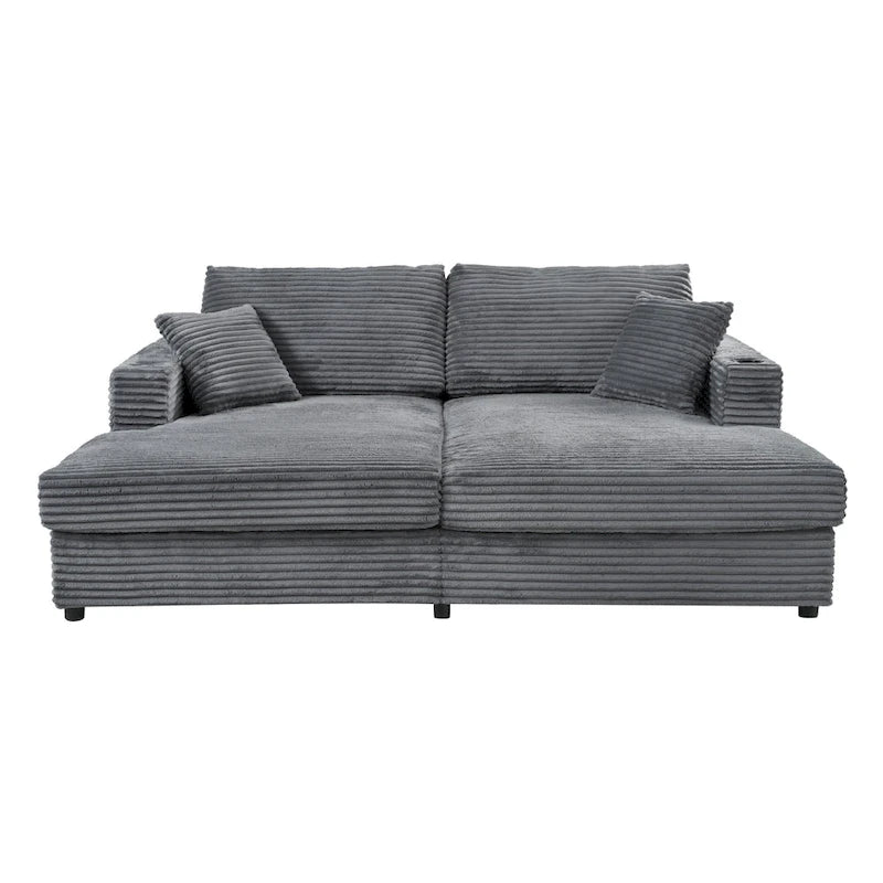 Méridienne en velours côtelé gris foncé / bleu / beige / noir, 2 places, avec ports USB et porte-gobelets