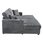 Méridienne en velours côtelé gris foncé / bleu / beige / noir, 2 places, avec ports USB et porte-gobelets