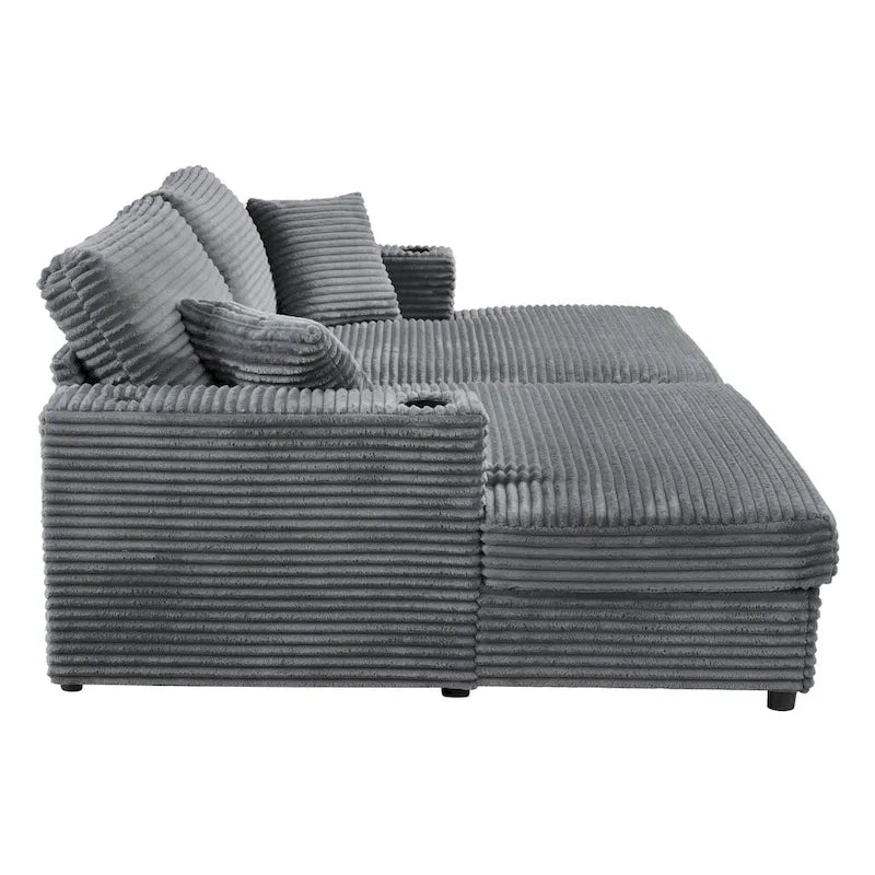 Méridienne en velours côtelé gris foncé / bleu / beige / noir, 2 places, avec ports USB et porte-gobelets