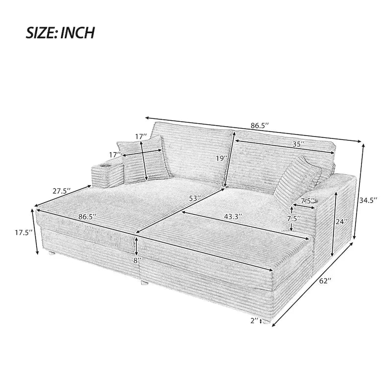 Méridienne en velours côtelé gris foncé / bleu / beige / noir, 2 places, avec ports USB et porte-gobelets