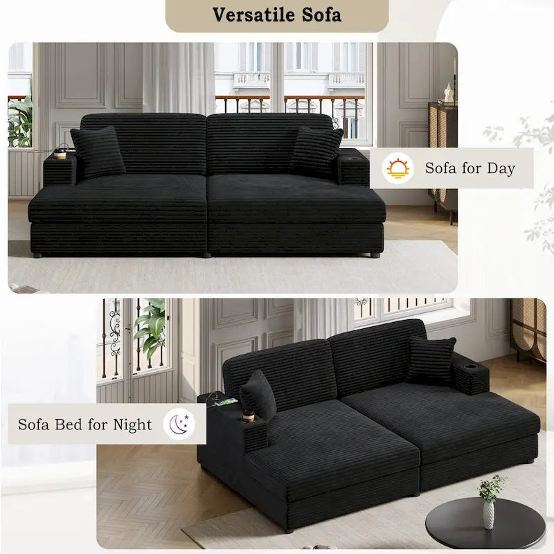 Méridienne en velours côtelé gris foncé / bleu / beige / noir, 2 places, avec ports USB et porte-gobelets