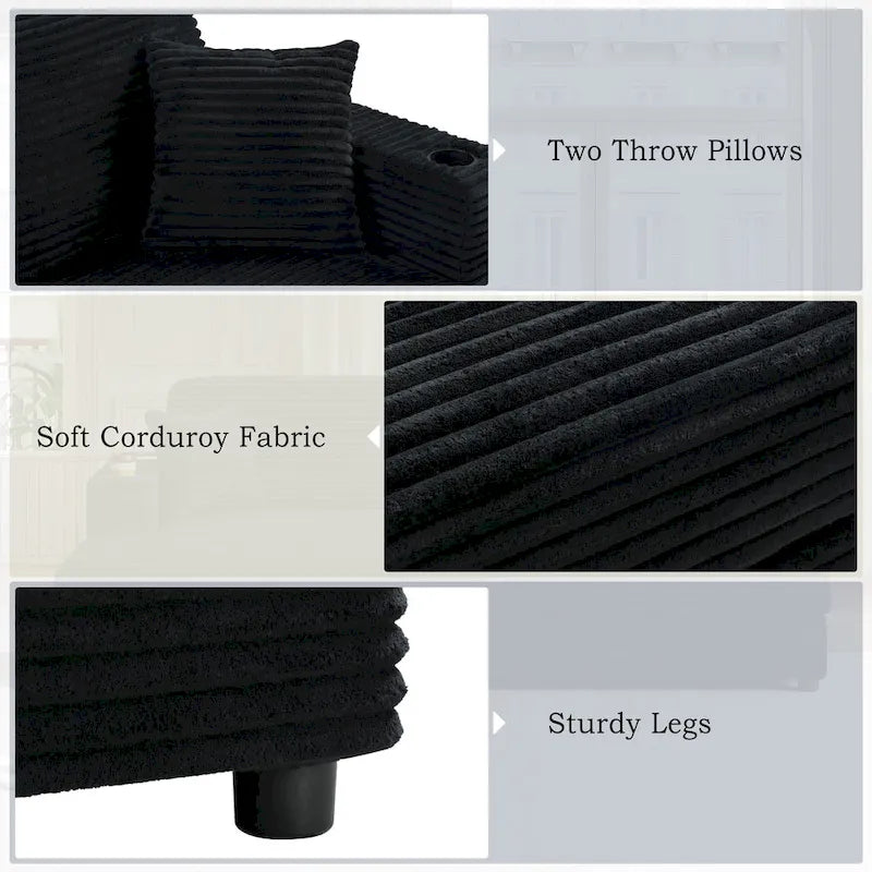 Méridienne en velours côtelé gris foncé / bleu / beige / noir, 2 places, avec ports USB et porte-gobelets