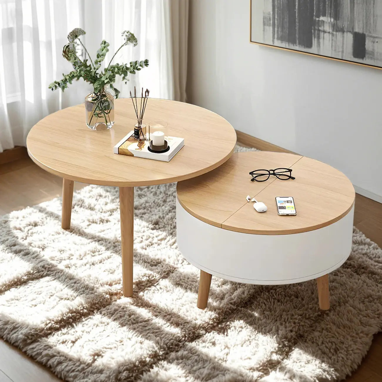 Table basse ronde moderne en bois noir et blanc avec rangement