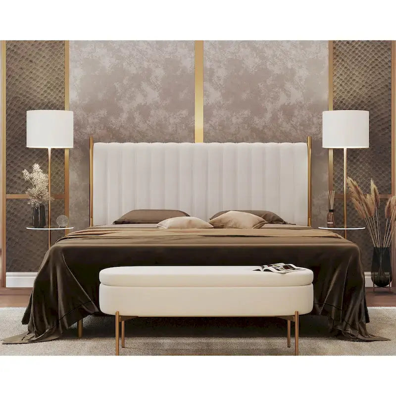 Tête de lit King en velours crème / noir / gris / vert sauge avec cadre doré, convient pour 1 lit King Size