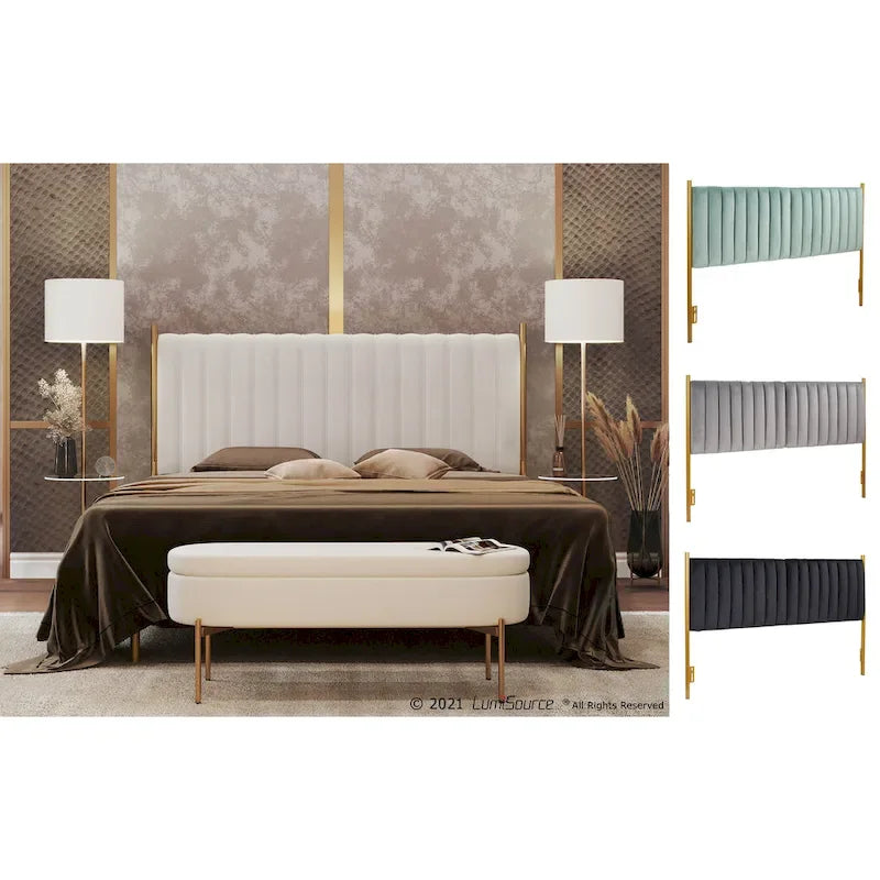 Tête de lit King en velours crème / noir / gris / vert sauge avec cadre doré, convient pour 1 lit King Size