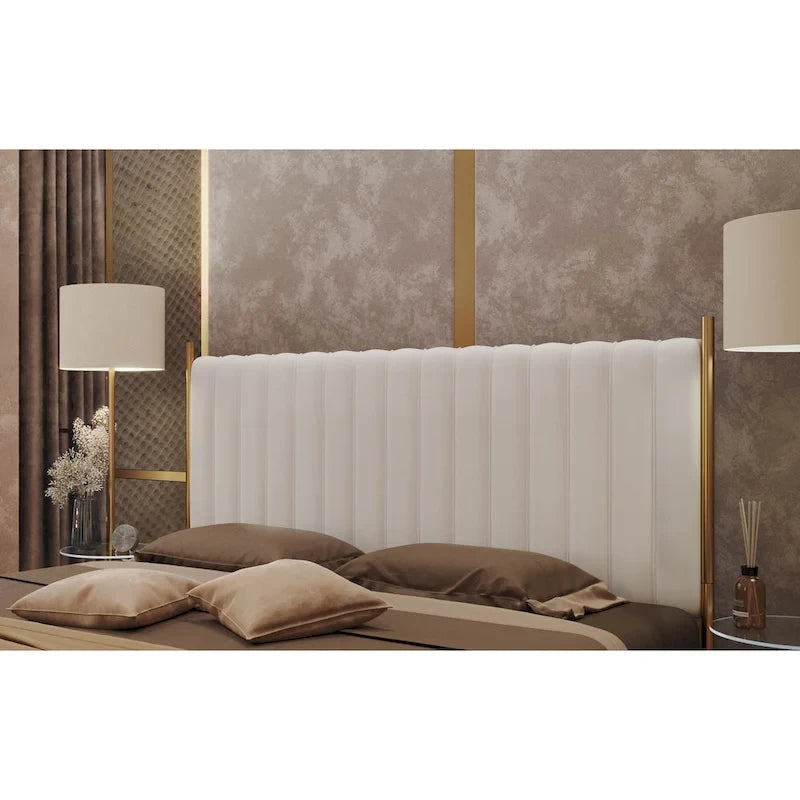Tête de lit King en velours crème / noir / gris / vert sauge avec cadre doré, convient pour 1 lit King Size