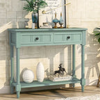 Console avec 2 tiroirs et étagère inférieure, finition bleu rétro/gris délavé/beige antique