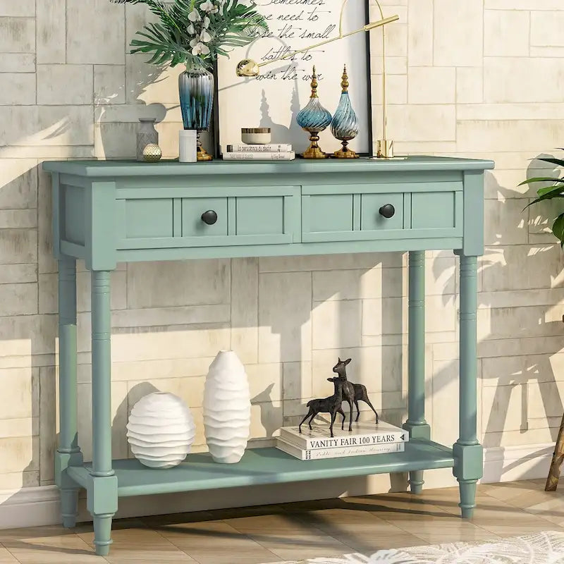Console avec 2 tiroirs et étagère inférieure, finition bleu rétro/gris délavé/beige antique